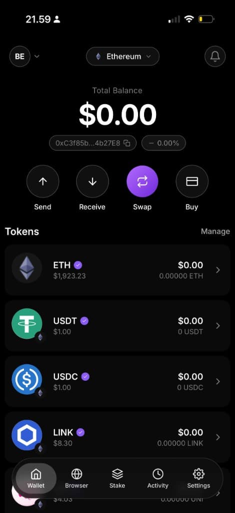 Coinvora Wallet home screen with portfolio and tokens