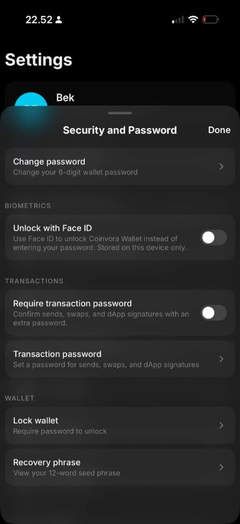 Coinvora security and password settings