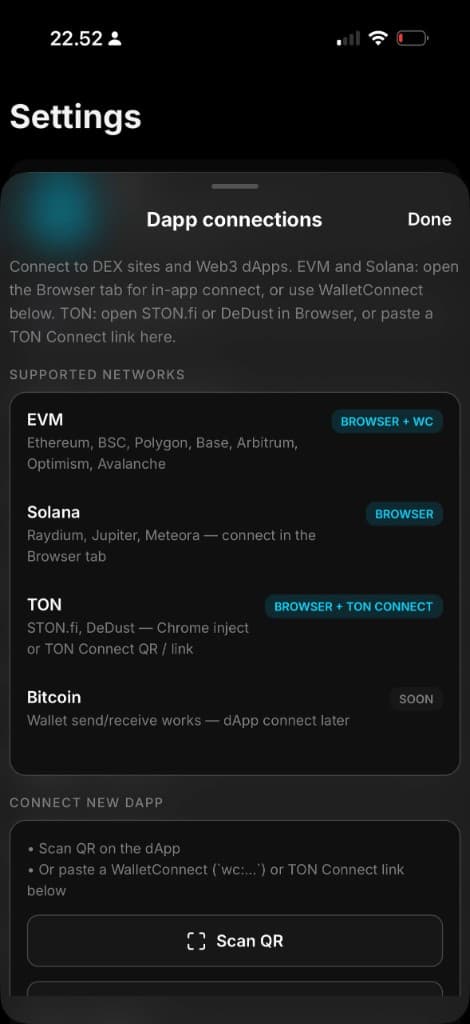Coinvora DApp connections for EVM, Solana and TON