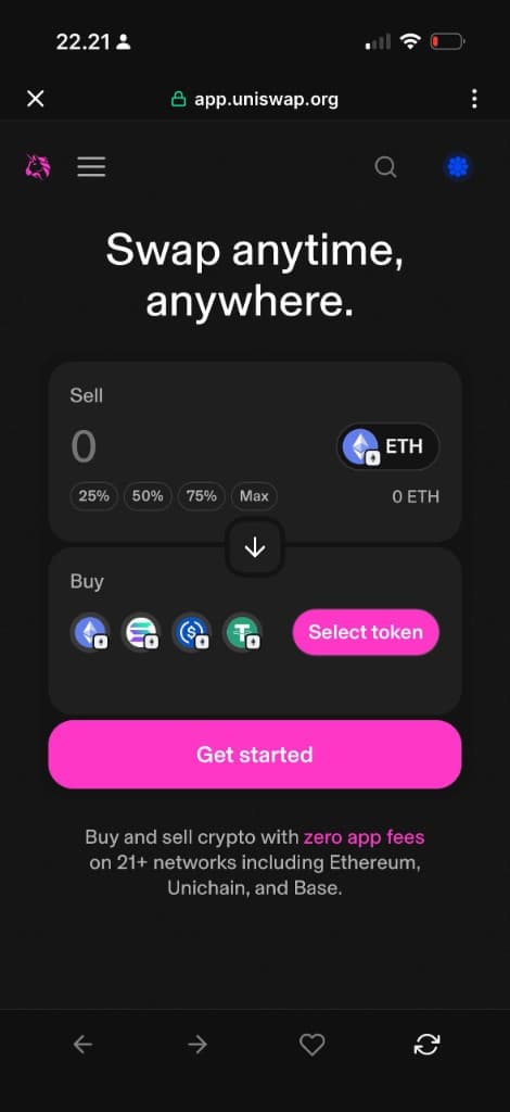 Coinvora browser connected to Uniswap